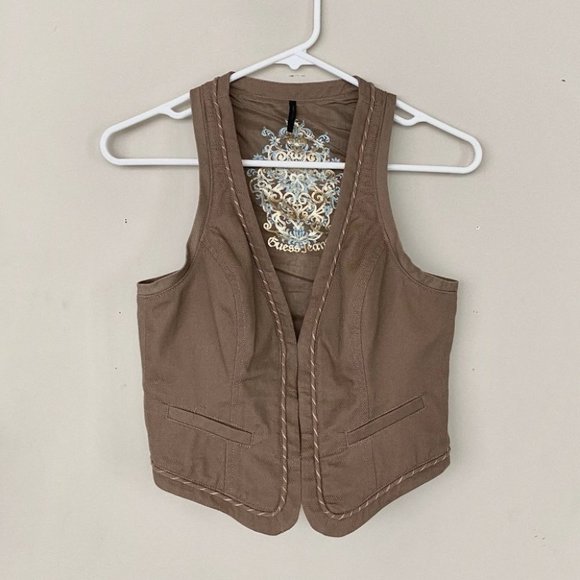 Guess Jackets & Blazers - Guess Cotton Sequin Embroidered Tan  Fitted vest